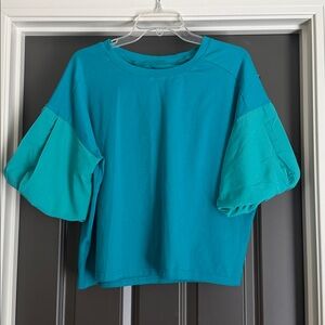 “Surf Blue”/teal multi-fabric T-shirt